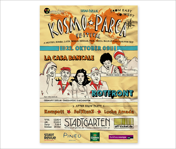 Plakat für das Weltmusik-Festival Kosmoparea in Köln.  Gestaltet von Michael Marks.